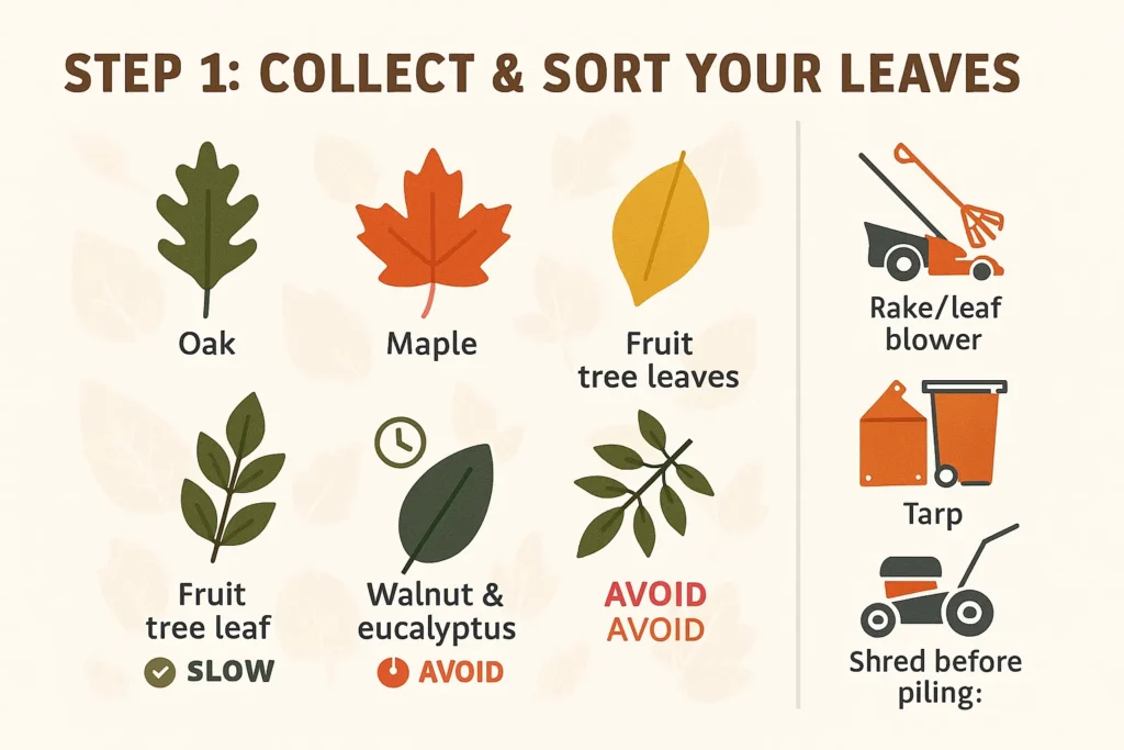 Diagram of leaves suitable for leaf mold compost with checkmarks for oak and maple, warnings for walnut and eucalyptus, and tools like rake and shredder.