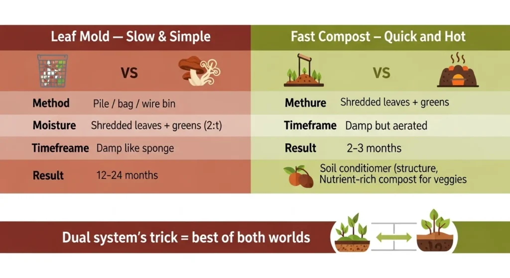 Comparison chart showing leaf mold compost as slow fungal decomposition versus fast compost as hot bacterial composting, with dual system suggestion.