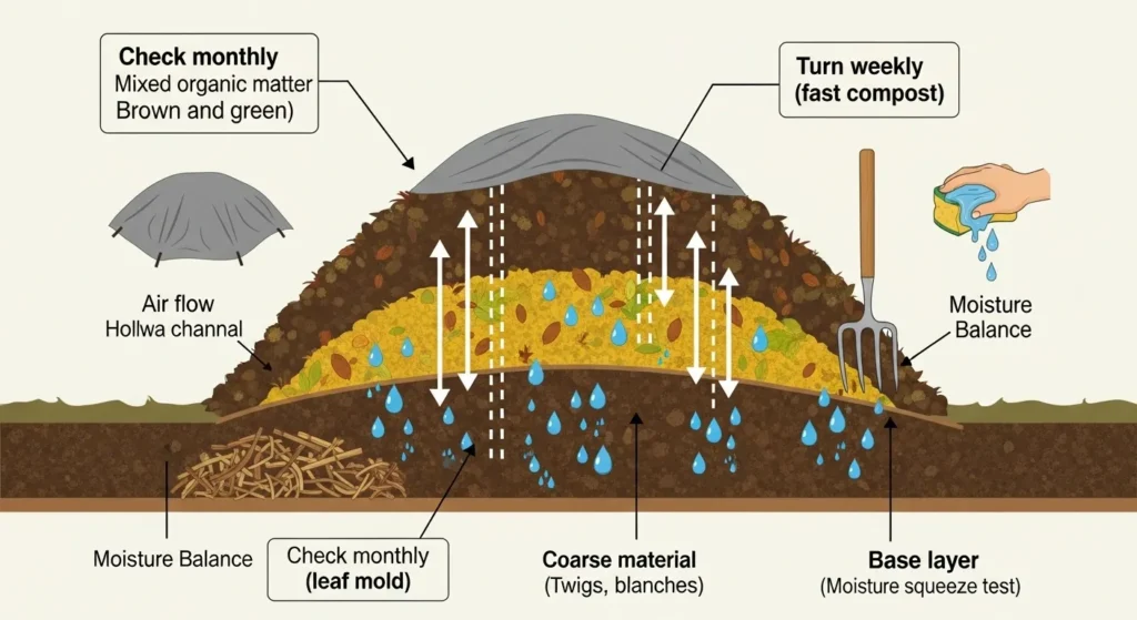 Illustration of a leaf mold compost pile with airflow arrows, water droplets, and tips for turning, covering, and moisture squeeze testing.