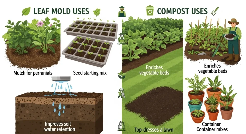 Infographic showing ways to use leaf mold compost as mulch, soil conditioner, and seed mix, alongside compost uses in beds, lawns, and containers.