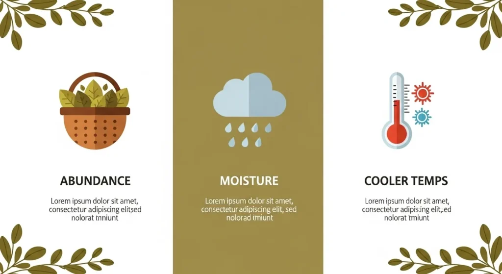 Infographic showing reasons October is ideal for leaf mold compost: abundant leaves, rainfall for moisture, and cool weather for decomposition.
