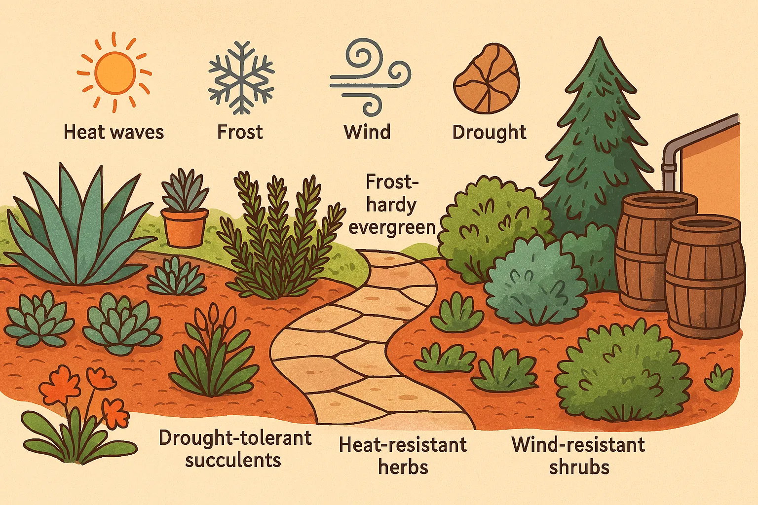 Climate-resilient garden with drought-tolerant, heat-resistant, frost-hardy, and wind-resistant plants arranged for extreme weather protection.