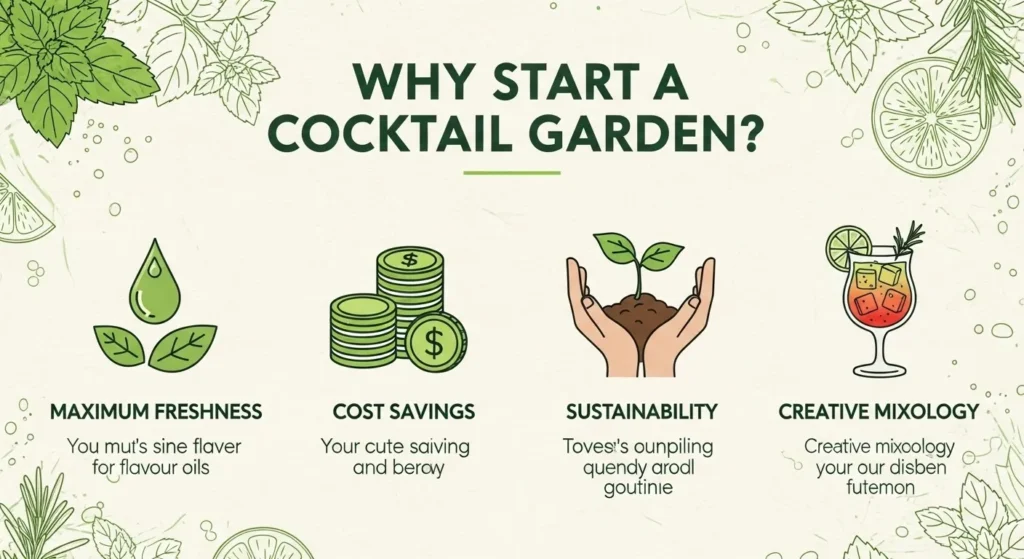 Infographic explaining benefits of growing cocktail garden fresh herbs, including freshness, savings, and sustainability.