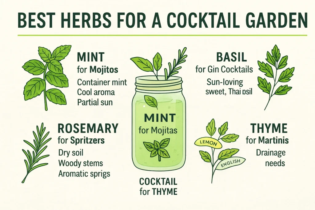 Infographic showing the best cocktail garden fresh herbs—mint, basil, rosemary, and thyme—and how they enhance different drinks.