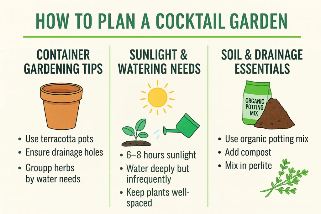 Infographic showing planning steps for growing cocktail garden fresh herbs using proper containers, sunlight, and soil.