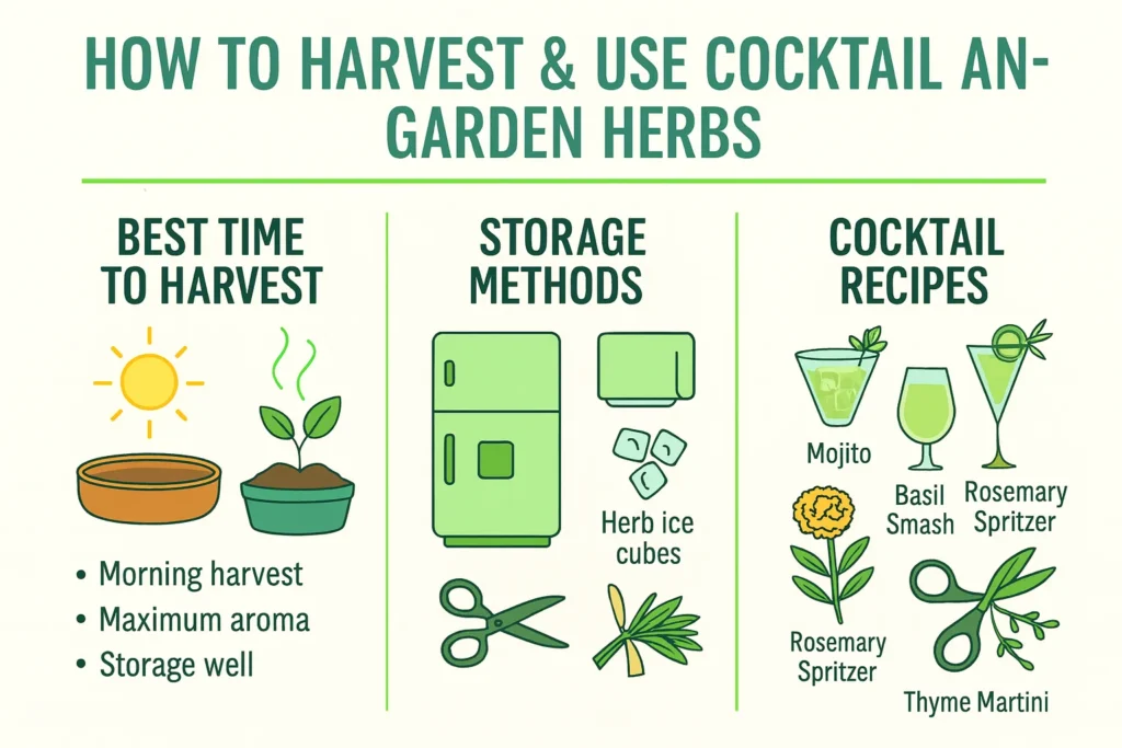 Infographic showing how to harvest, store, and use cocktail garden fresh herbs in mojitos, basil smashes, spritzers, and martinis.