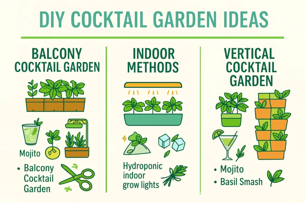 Infographic showing DIY ideas for growing cocktail garden fresh herbs on balconies, indoors, and in vertical gardens.