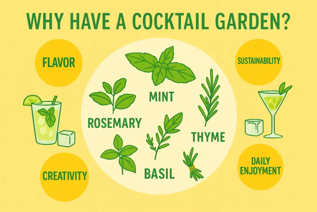 Infographic summarizing the value of growing cocktail garden fresh herbs for flavor, sustainability, and creative drinks.