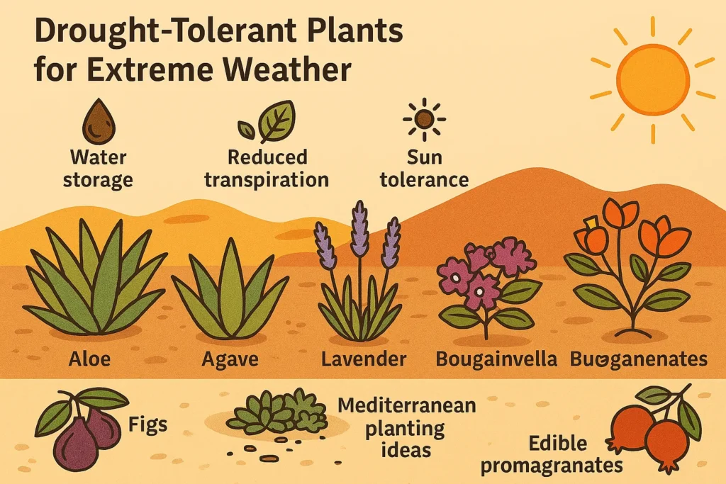 Infographic showing drought-tolerant plants like succulents, lavender, and bougainvillea with icons for water storage and sun resistance.