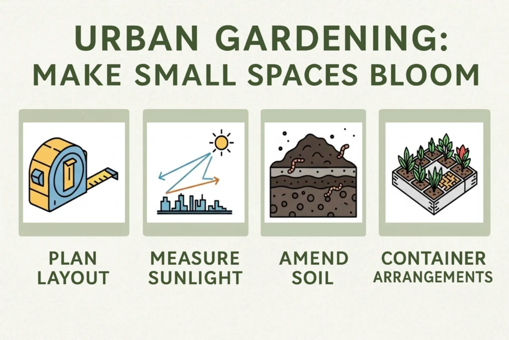 Infographic showing impactful small urban garden ideas with planning, sunlight measurement, soil improvement, and container layout visuals.