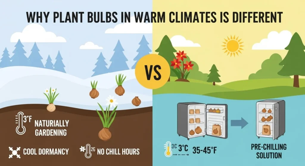 Infographic comparing cool and warm climates showing how to plant bulbs in warm climates using pre-chilling methods for successful blooming.