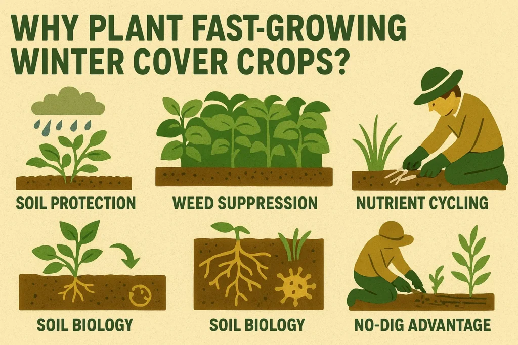Infographic showing reasons to plant fast-growing winter cover crops, including soil protection, weed suppression, and nutrient cycling.