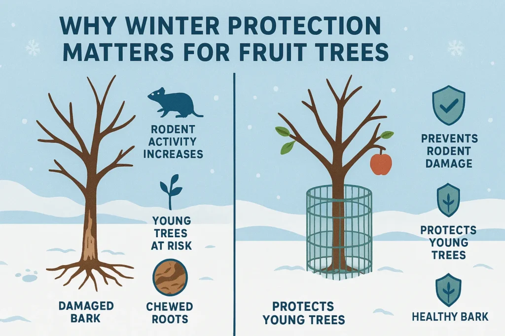 Infographic showing why it’s important to protect fruit trees from rodents in winter with visuals of damage prevention and bark protection methods.