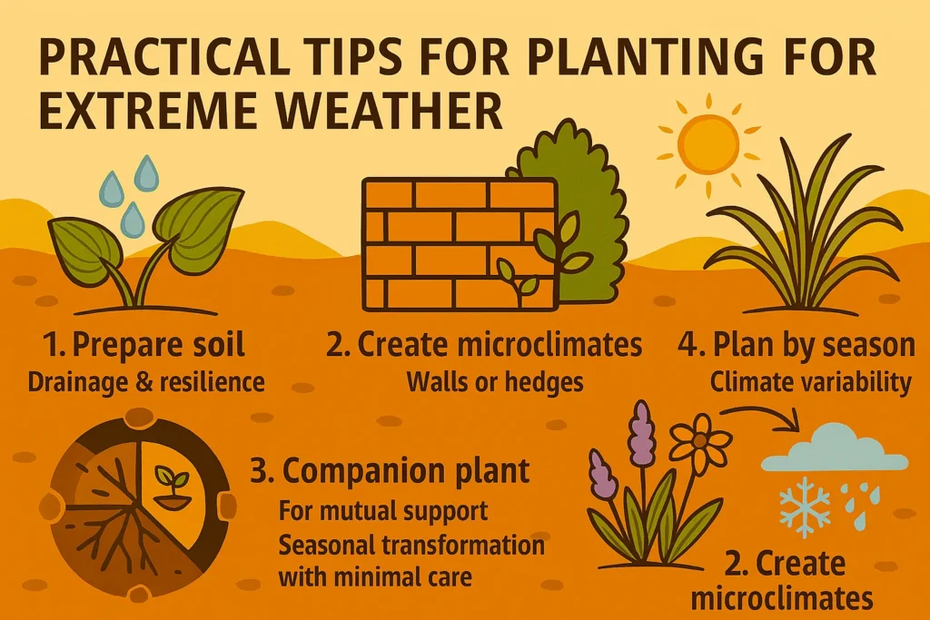 Infographic summarizing drought-, heat-, frost-, and wind-resistant plants and key strategies for extreme-weather gardening.