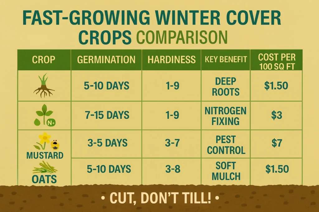Infographic comparing different fast-growing winter cover crops by germination time, hardiness, and soil benefits like nitrogen fixation and weed control.
