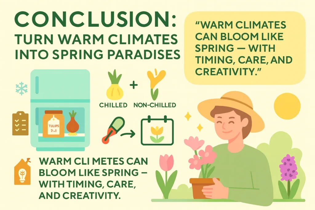 Infographic showing a gardener surrounded by blooming flowers, summarizing tips to plant bulbs in warm climates successfully for spring color.