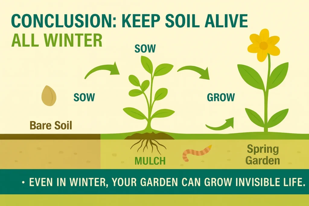 Infographic summarizing how fast-growing winter cover crops keep soil alive and healthy all winter long with no-dig gardening benefits.