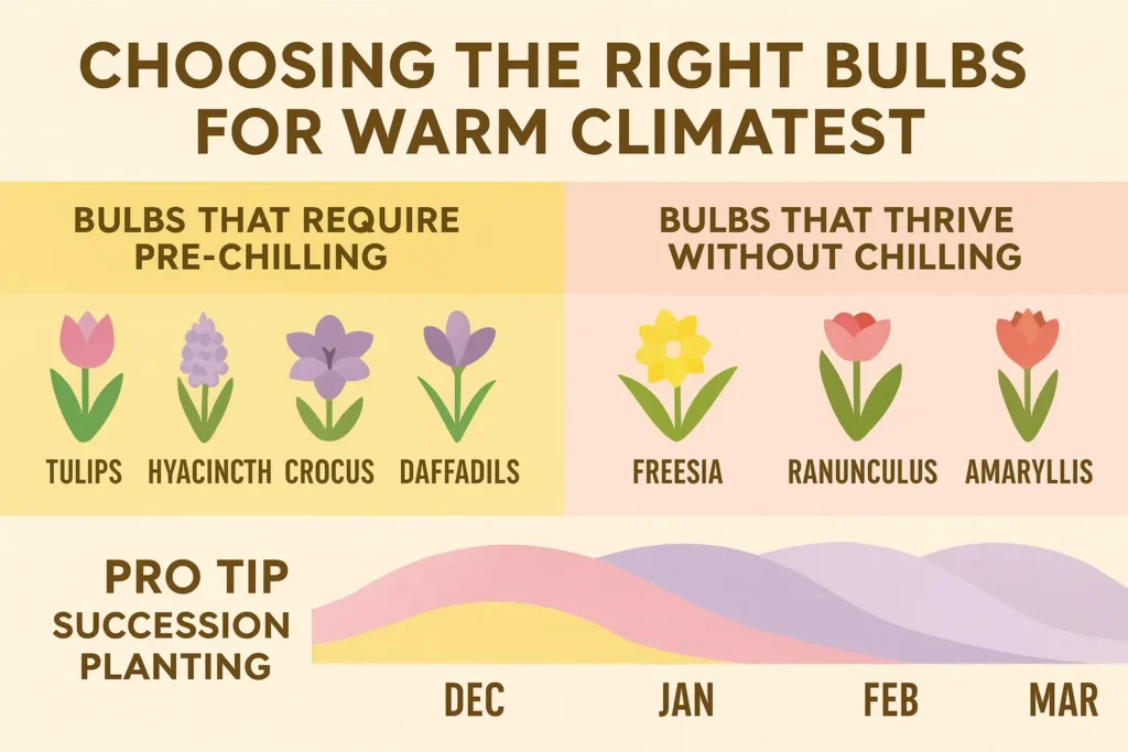 Infographic showing the best bulbs to plant in warm climates, including tulips, hyacinths, freesias, and amaryllis, with a bloom calendar for warm regions.