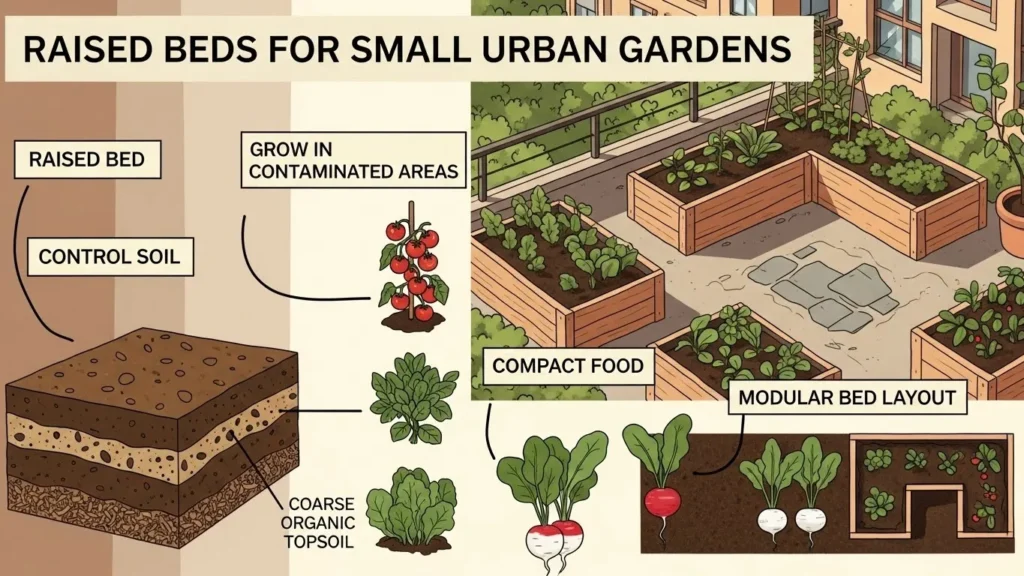 Infographic explaining raised bed gardening for small urban spaces with modular layout and soil control visuals.