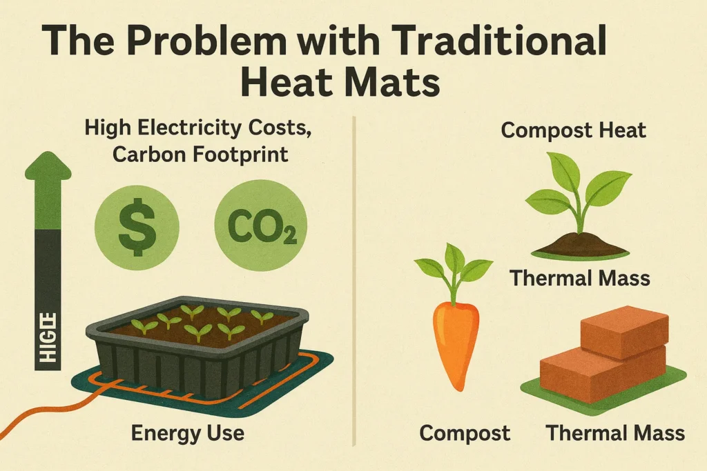 Infographic comparing high energy use of traditional mats with eco-friendly DIY heated seed mat alternatives for seed starting.