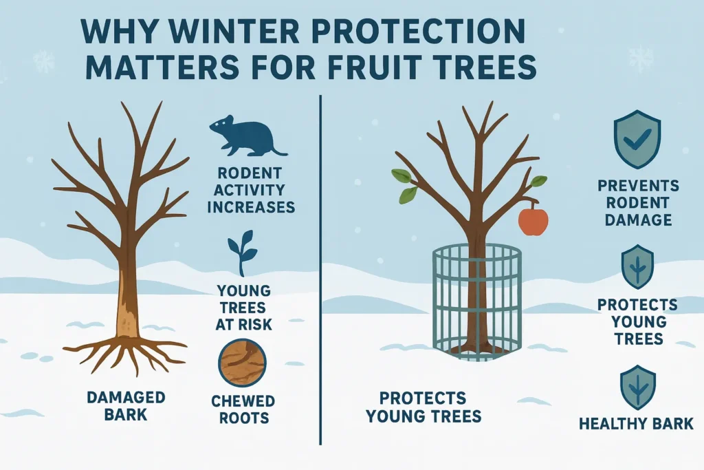 Infographic identifying common pests that damage fruit trees in winter, including voles, rabbits, mice, and deer, with tips to protect fruit trees from rodents.