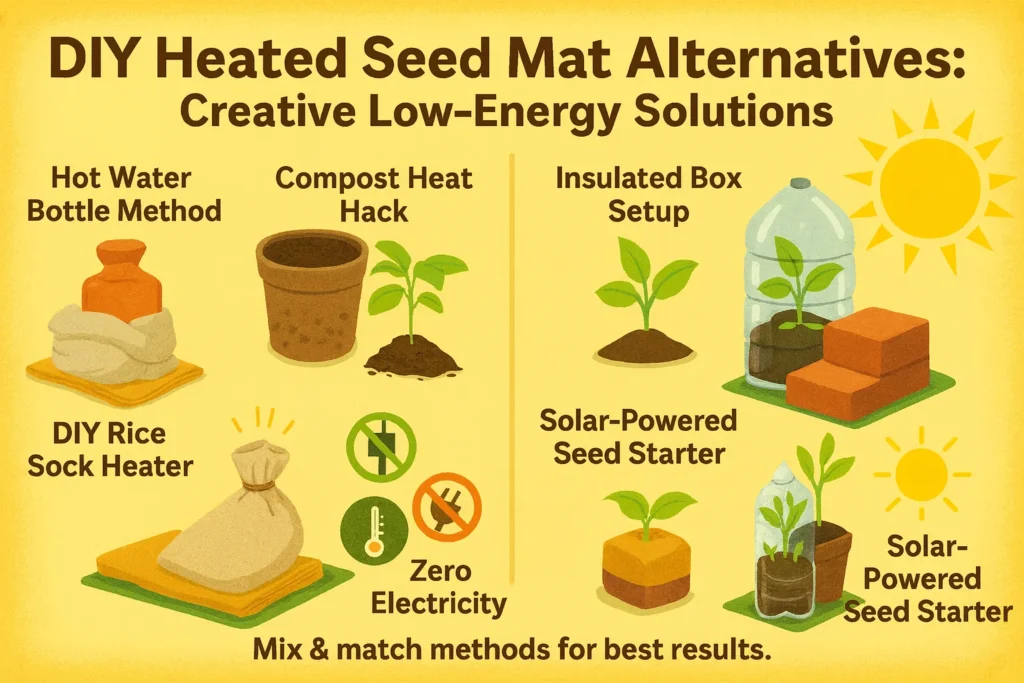 Infographic showing creative DIY heated seed mat alternatives like rice sock heaters, compost heat, insulated boxes, and solar cloches for seed starting.