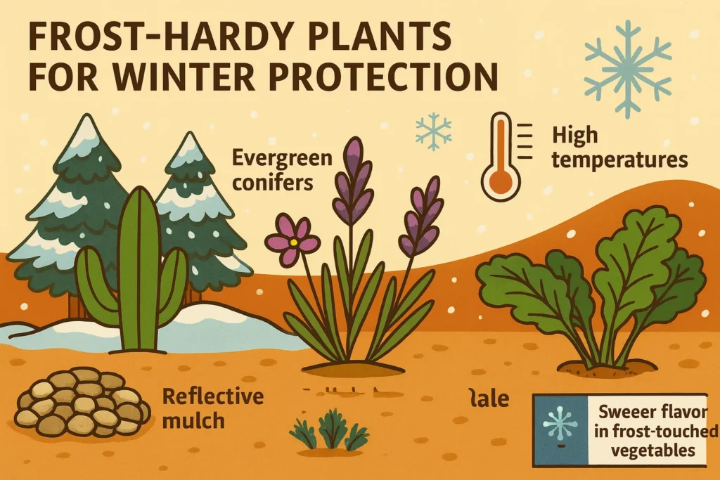 Infographic showing frost-hardy plants including evergreen conifers, hellebores, and kale with snow survival icons.