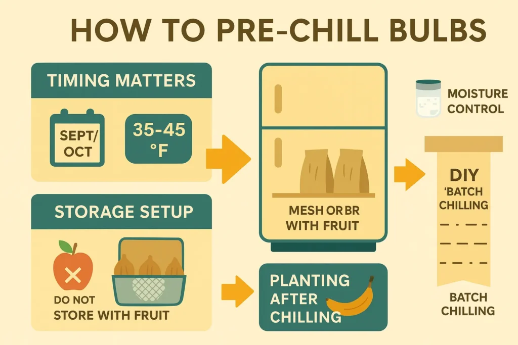 Infographic showing how to pre-chill bulbs before planting in warm climates with steps for timing, storage, and proper temperature control.
