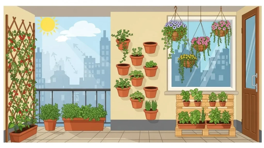 Infographic of vertical gardening showing wall planters, trellis, pallet garden, and upward growth direction.