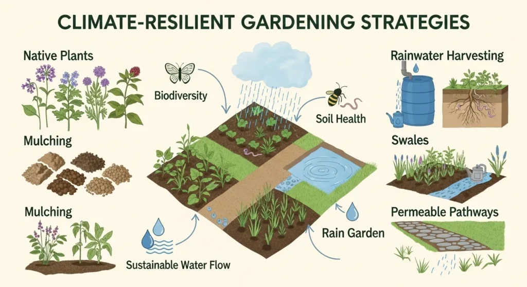 Infographic explaining climate-resilient gardening using mulch, native plants, rainwater harvesting, and biodiversity principles.