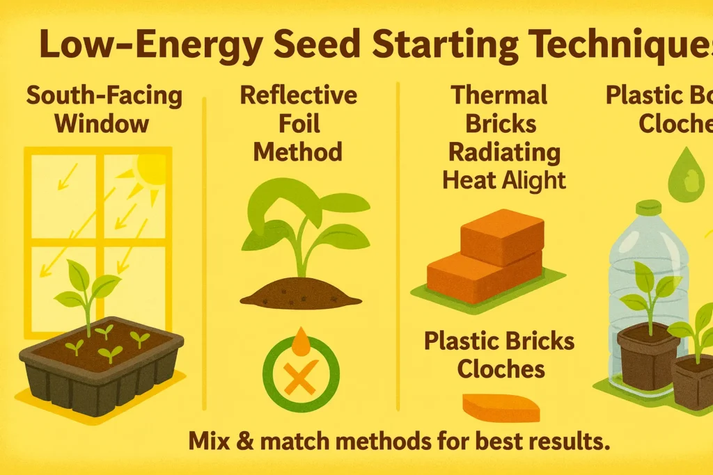 Infographic showing low-energy techniques like reflective surfaces, thermal mass, and sunlight to support DIY heated seed mat alternatives.