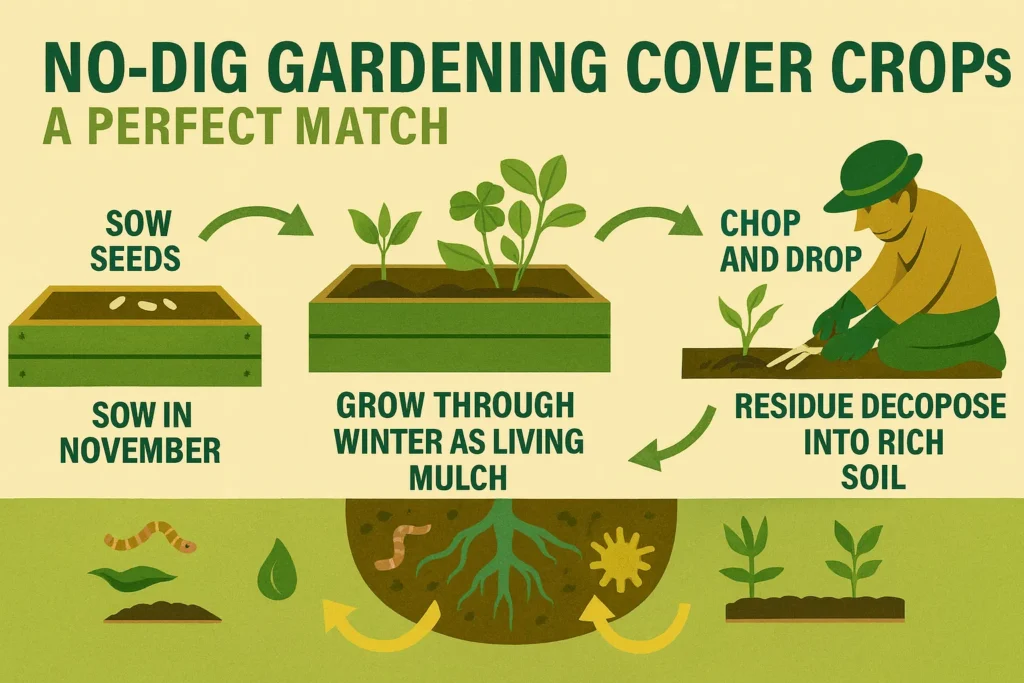 Infographic showing how fast-growing winter cover crops fit into no-dig gardening by creating natural mulch and improving soil health.