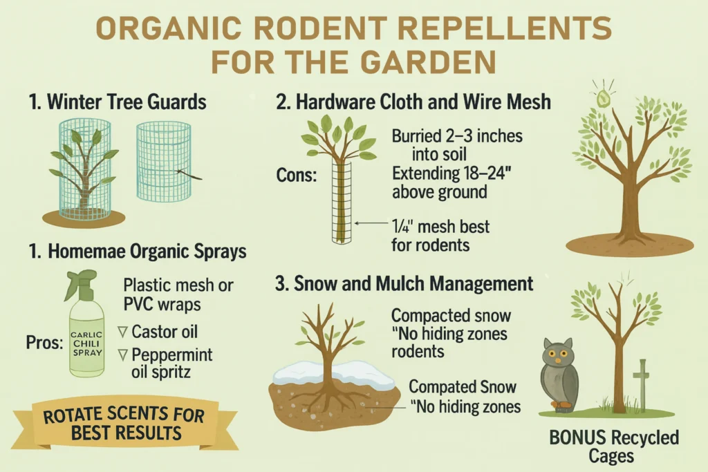 Infographic listing natural repellents like garlic spray, peppermint oil, and predator scents that help protect fruit trees from rodents safely and organically.
