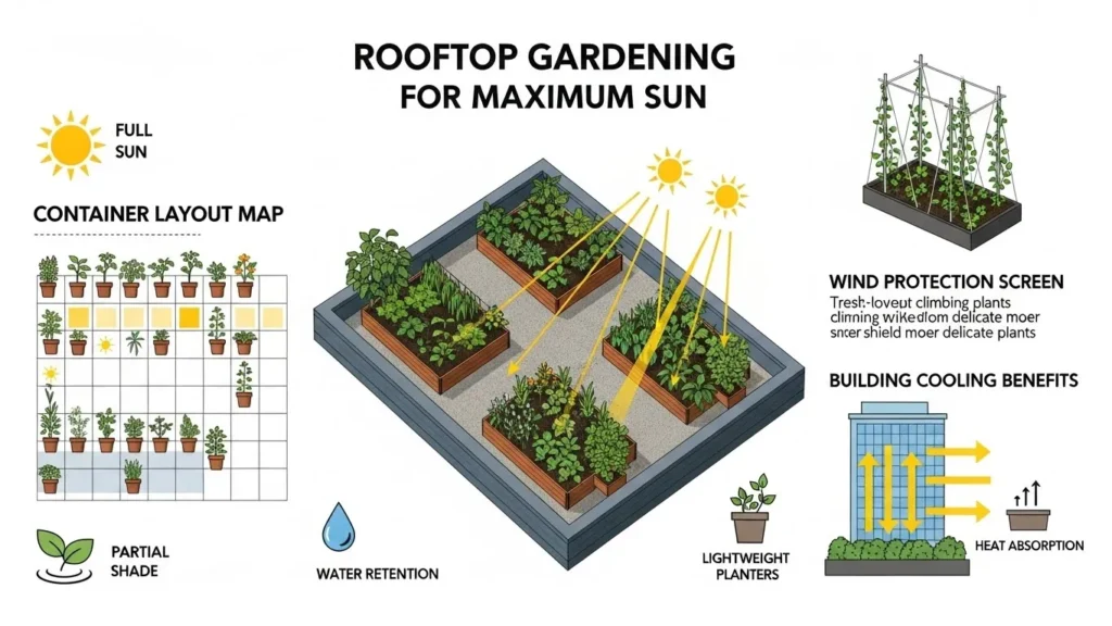 Infographic showing rooftop gardening setup with planters, wind barriers, and full sun exposure.