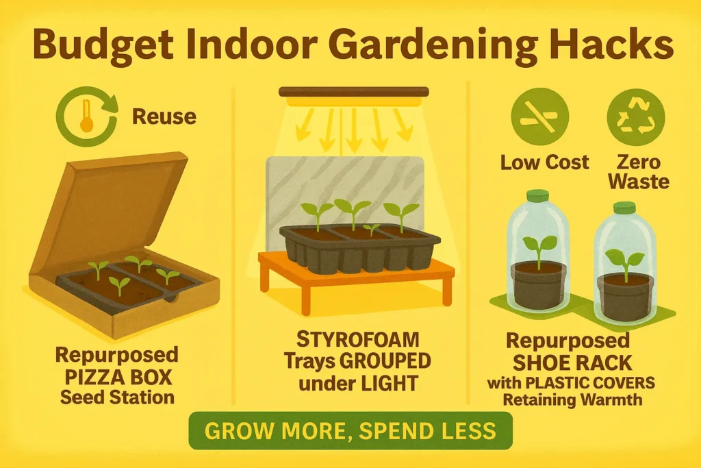 Infographic showing creative budget gardening hacks like reusing boxes and racks with DIY heated seed mat alternatives for seed starting.