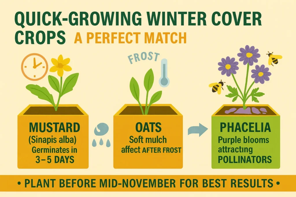 Infographic displaying quick-growing winter cover crops like mustard, oats, and phacelia with growth timelines and frost protection tips.