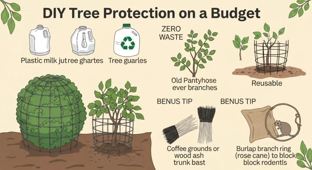 Infographic showing do-it-yourself methods to protect fruit trees from rodents using recycled materials like milk jugs, wire cages, and burlap wraps.