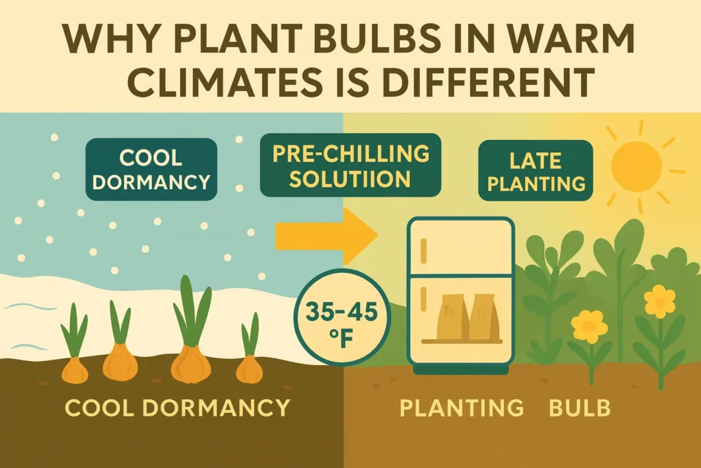 Infographic map showing U.S. gardening zones 8–11 and recommended bulbs for warm climates like amaryllis, tulips, and daffodils.