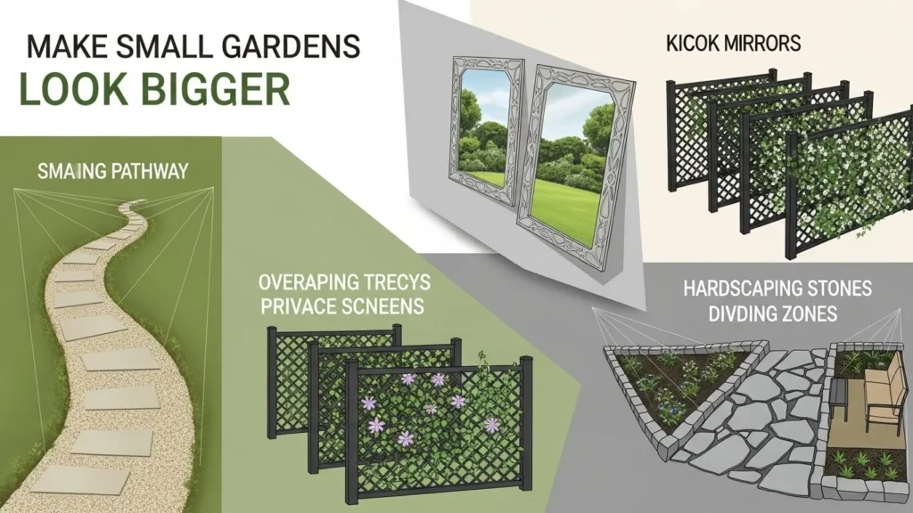 Infographic explaining how to make small gardens appear larger using paths, mirrors, trellises, and hardscaping.