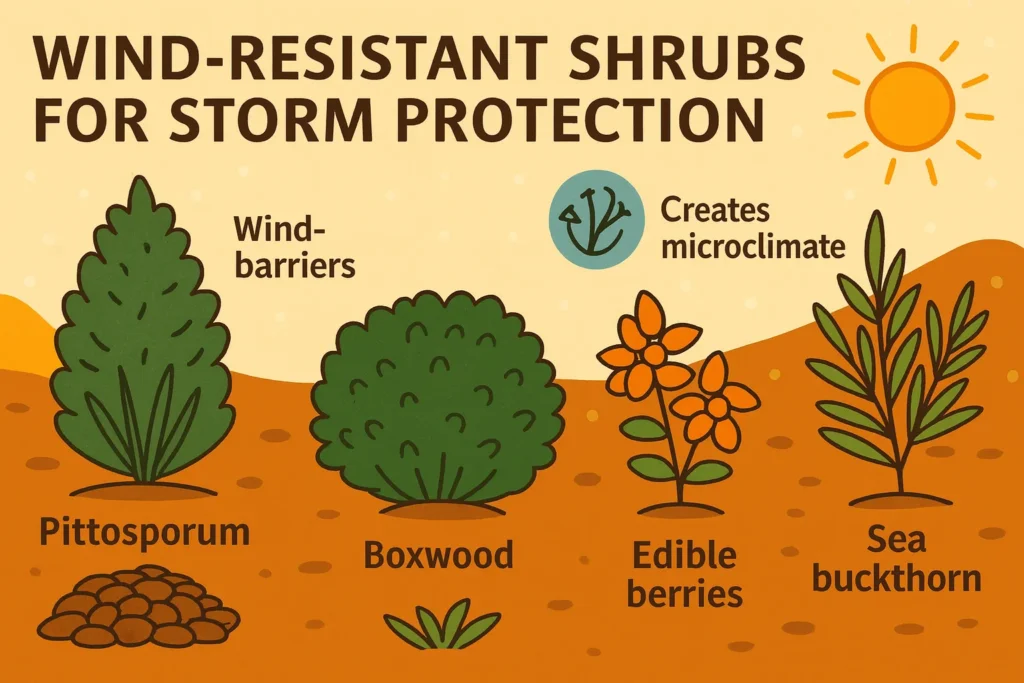 Infographic showing wind-resistant shrubs like pittosporum, boxwood, and sea buckthorn with wind-barrier diagrams.
