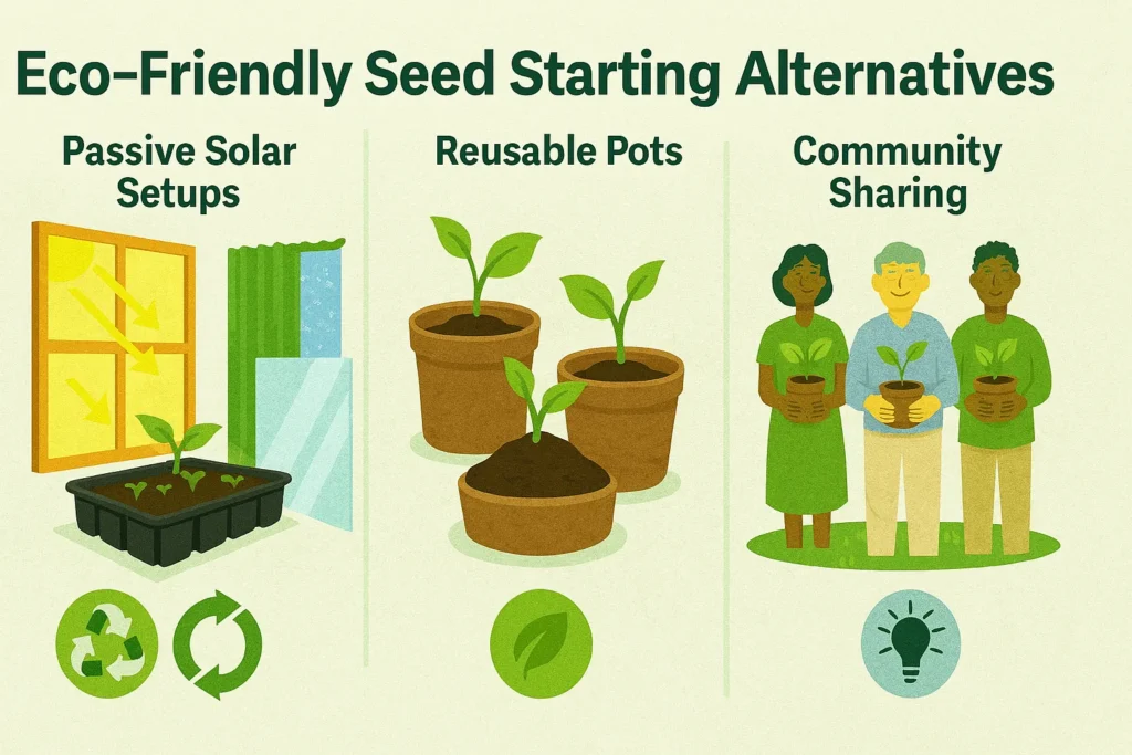 Infographic showing eco-friendly seed starting methods like passive solar heating and reusable pots as sustainable DIY heated seed mat alternatives.