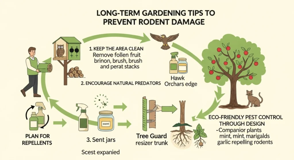 Infographic showing long-term gardening strategies to protect fruit trees from rodents including cleaning debris, predator support, and rotating repellents.