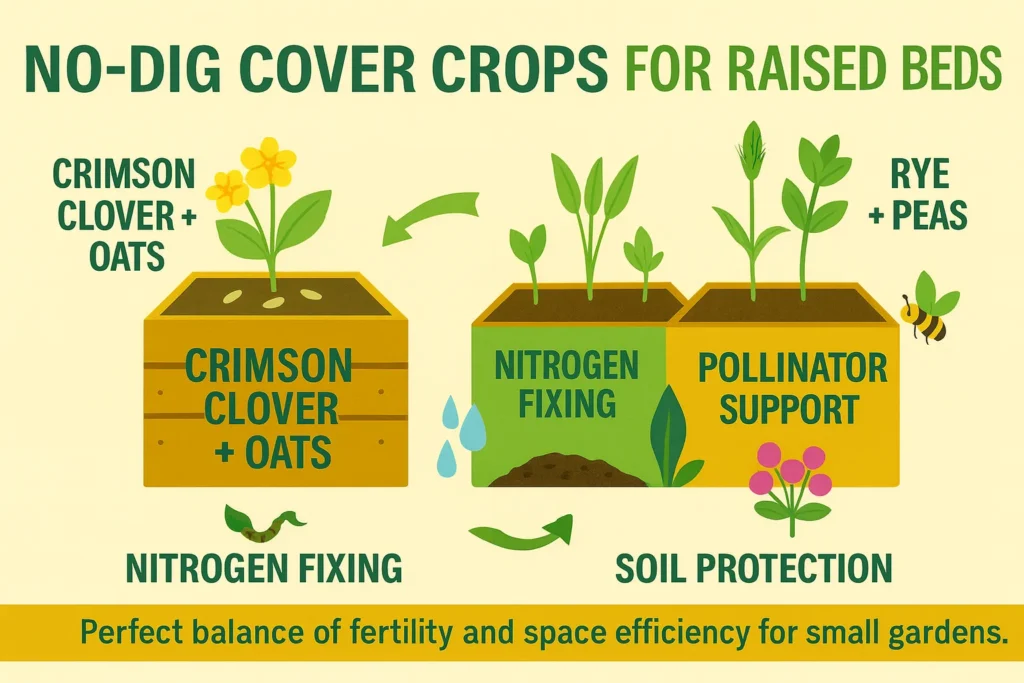 Infographic showing combinations of fast-growing winter cover crops in raised beds such as clover, oats, and peas for soil enrichment.