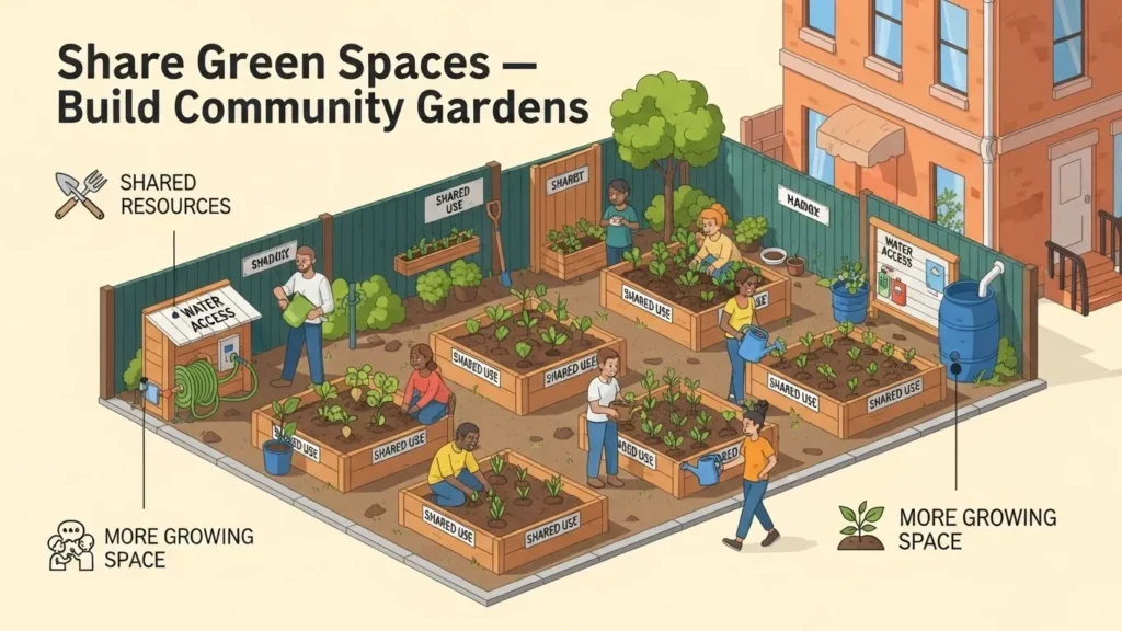 Infographic showing a shared community garden with raised beds and neighbors gardening together.