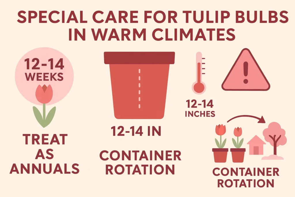 Infographic showing how to grow tulip bulbs in warm climates with chilling times, potting depth, and care tips for heat protection.