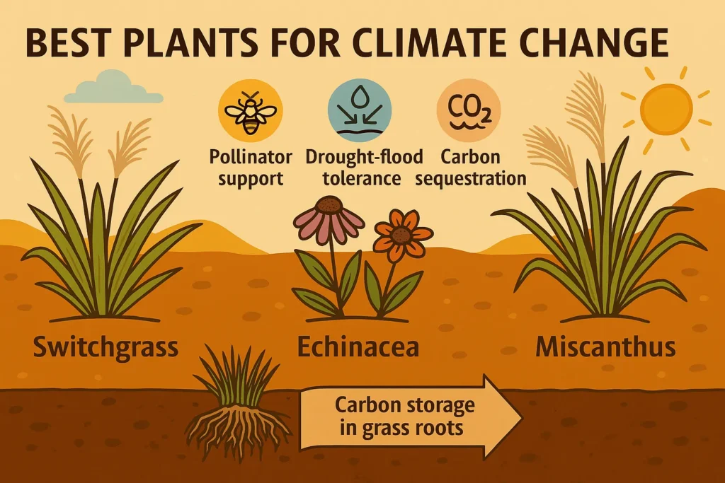 Infographic featuring climate-change-resilient plants including switchgrass, echinacea, and miscanthus for future-proof gardening.