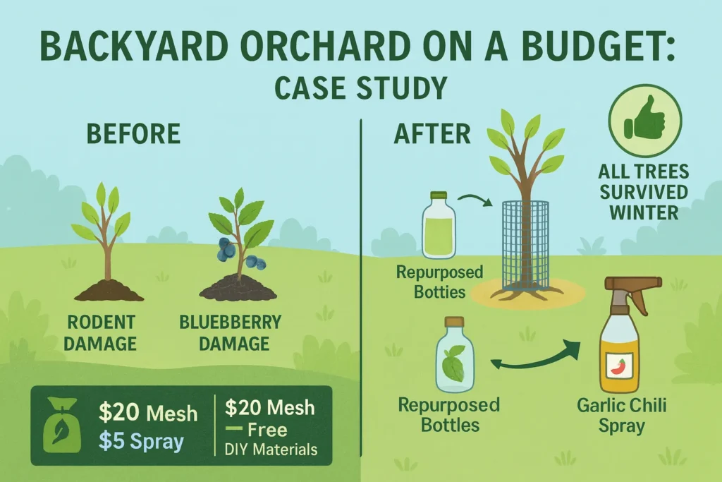 Infographic showing a backyard orchard case study with affordable solutions like mesh guards and organic sprays used to protect fruit trees from rodents.