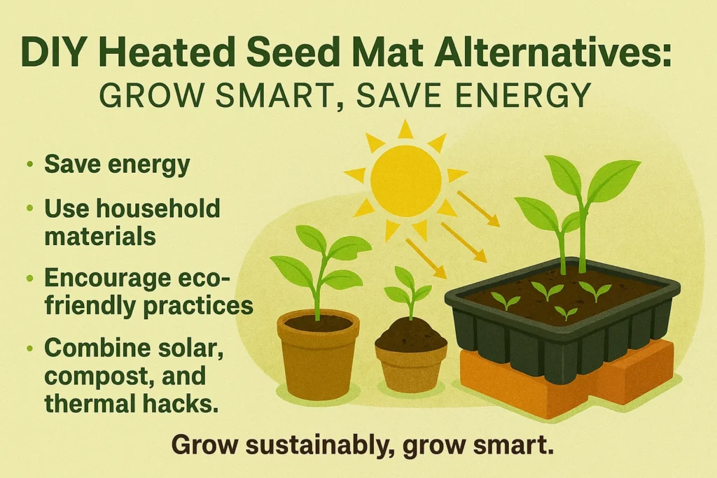 Infographic summarizing DIY heated seed mat alternatives for eco-friendly seed starting using solar, compost, and thermal methods.