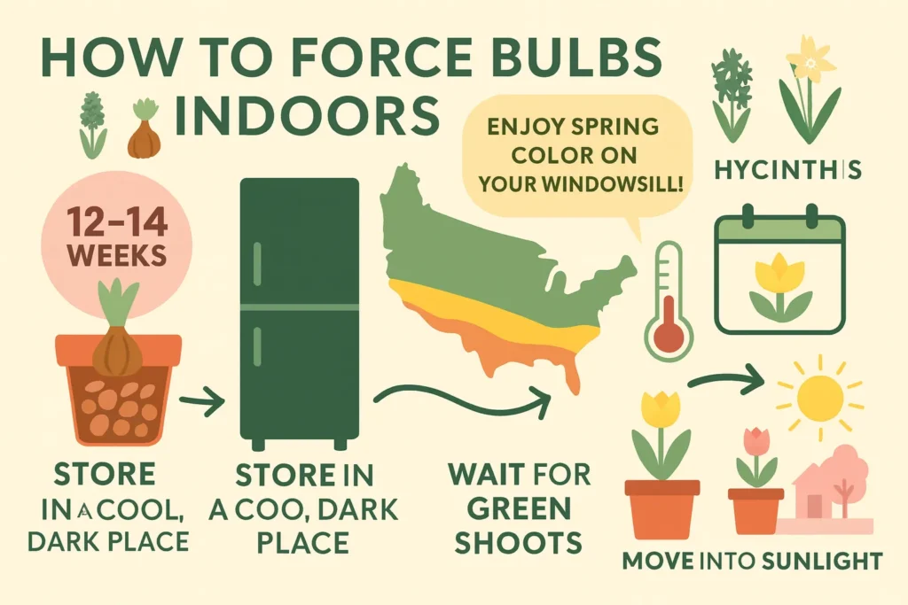 Infographic showing steps for forcing bulbs indoors in warm climates using containers, pebbles, and cool storage before blooming.