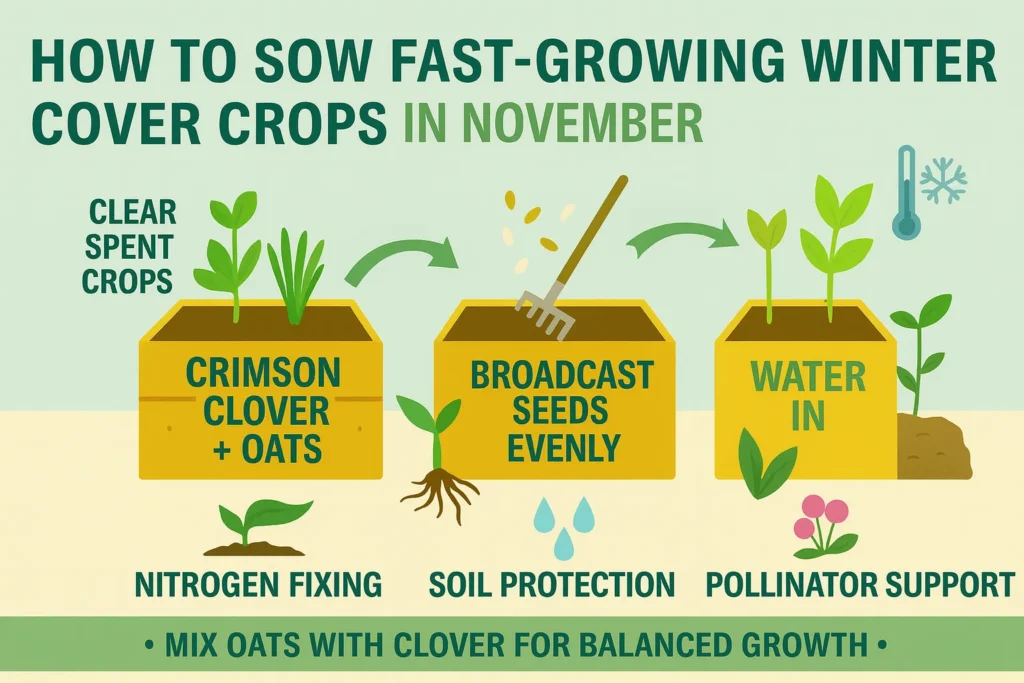 Infographic showing step-by-step process of sowing fast-growing winter cover crops in November including seeding, watering, and mulching.